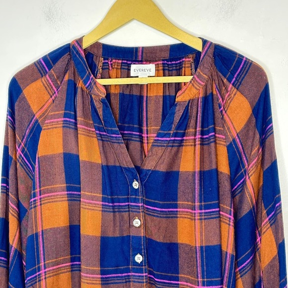Evereve Plaid Button Front Blouse Womens Large Blue Orange Rayon Long Sleeve - Picture 3 of 10